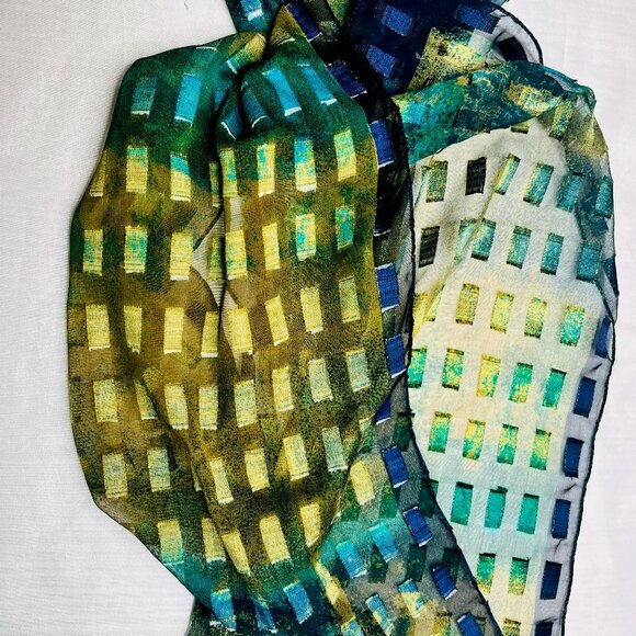 Vintage Modernist Geometric Scarf — Blue, Green & Gold Pattern - Picture 1 of 16